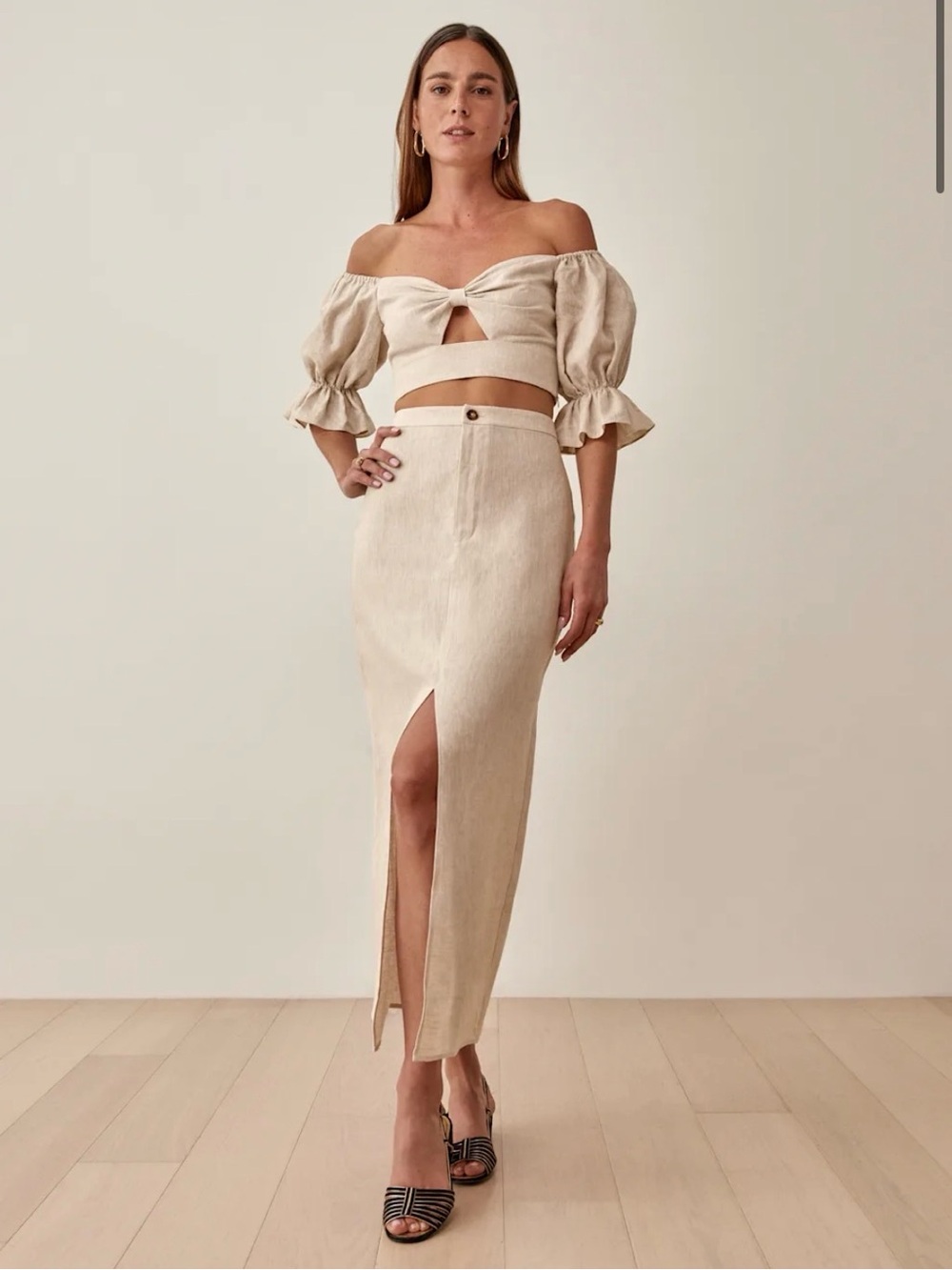 NWOT Reformation Oatmeal High-Waist Maxi Skirt with Front Slit